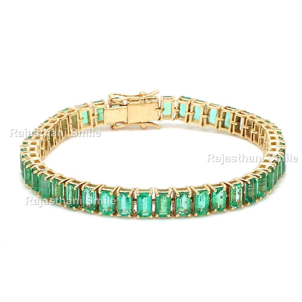 Natural Emerald 14K Solid Yellow Gold Tennis Bracelet Emerald Cut Gemstones 5 x 3 mm Size