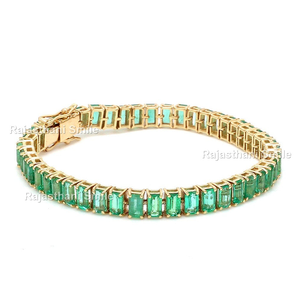 Natural Emerald 14K Solid Yellow Gold Tennis Bracelet Emerald Cut Gemstones 5 x 3 mm Size