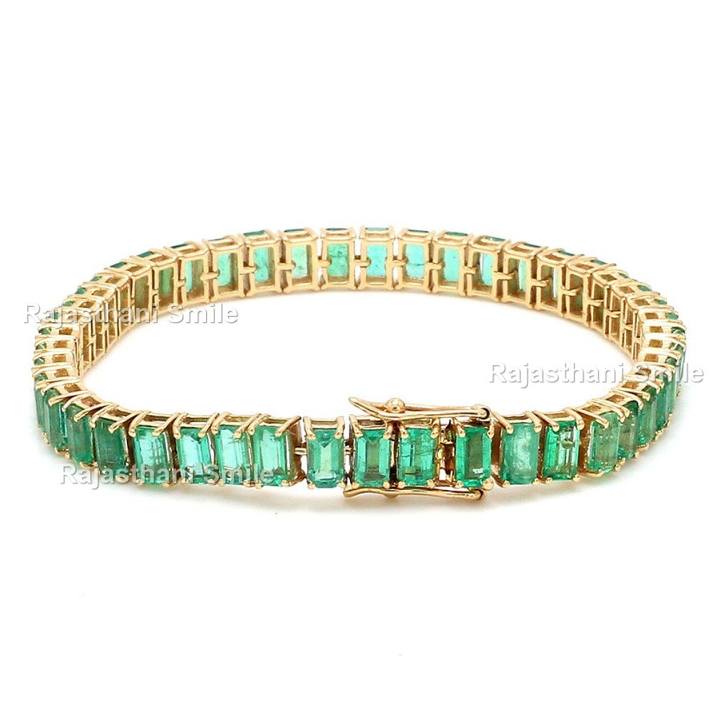 Natural Emerald 14K Solid Yellow Gold Tennis Bracelet Emerald Cut Gemstones 5 x 3 mm Size