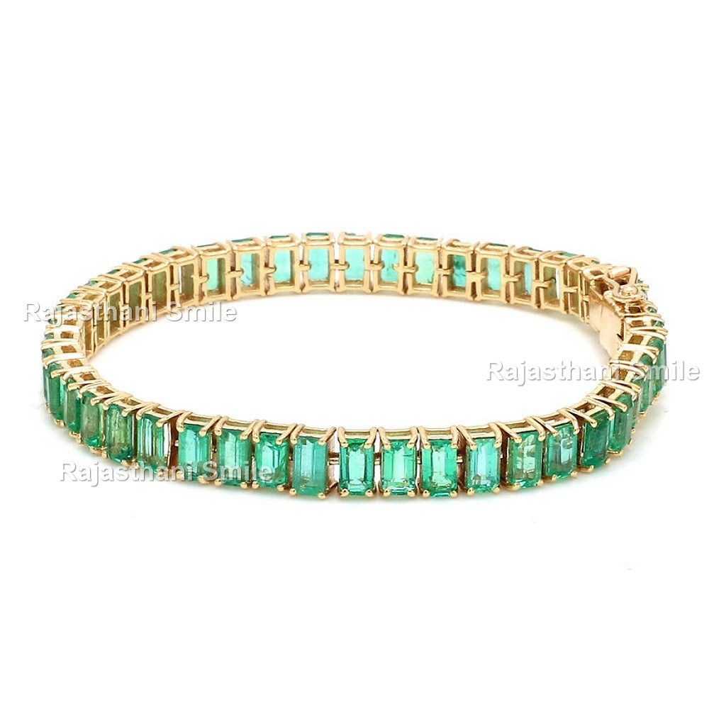 Natural Emerald 14K Solid Yellow Gold Tennis Bracelet Emerald Cut Gemstones 5 x 3 mm Size