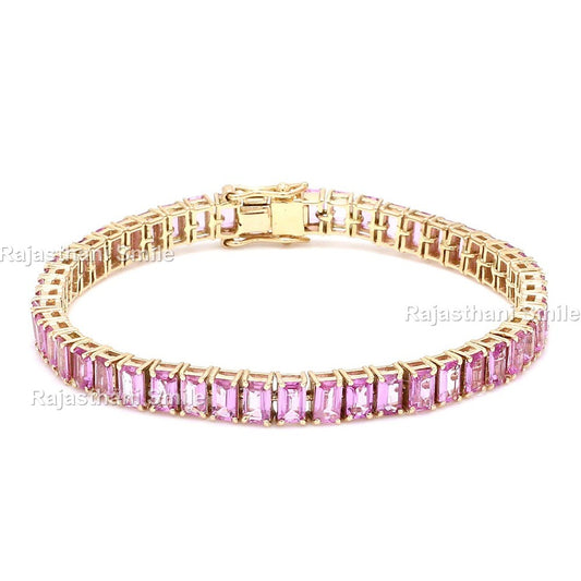 Natural Pink Sapphire 14K Solid Yellow Gold Tennis Bracelet Emerald Cut Gemstones 5 x 3 mm Size