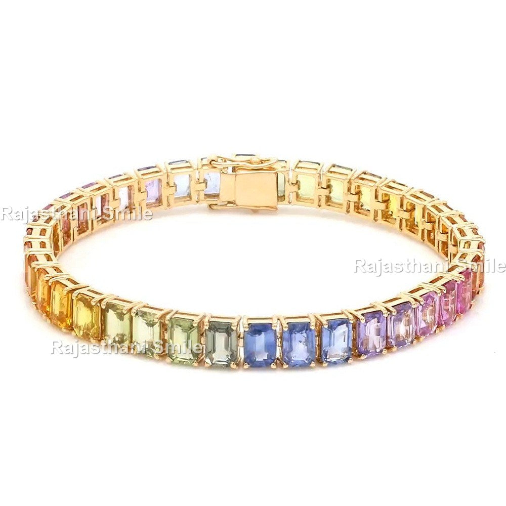 Natural Rainbow Sapphire 14K Solid Rose Gold Tennis Bracelet Emerald Cut Gemstones 5 x 3 mm