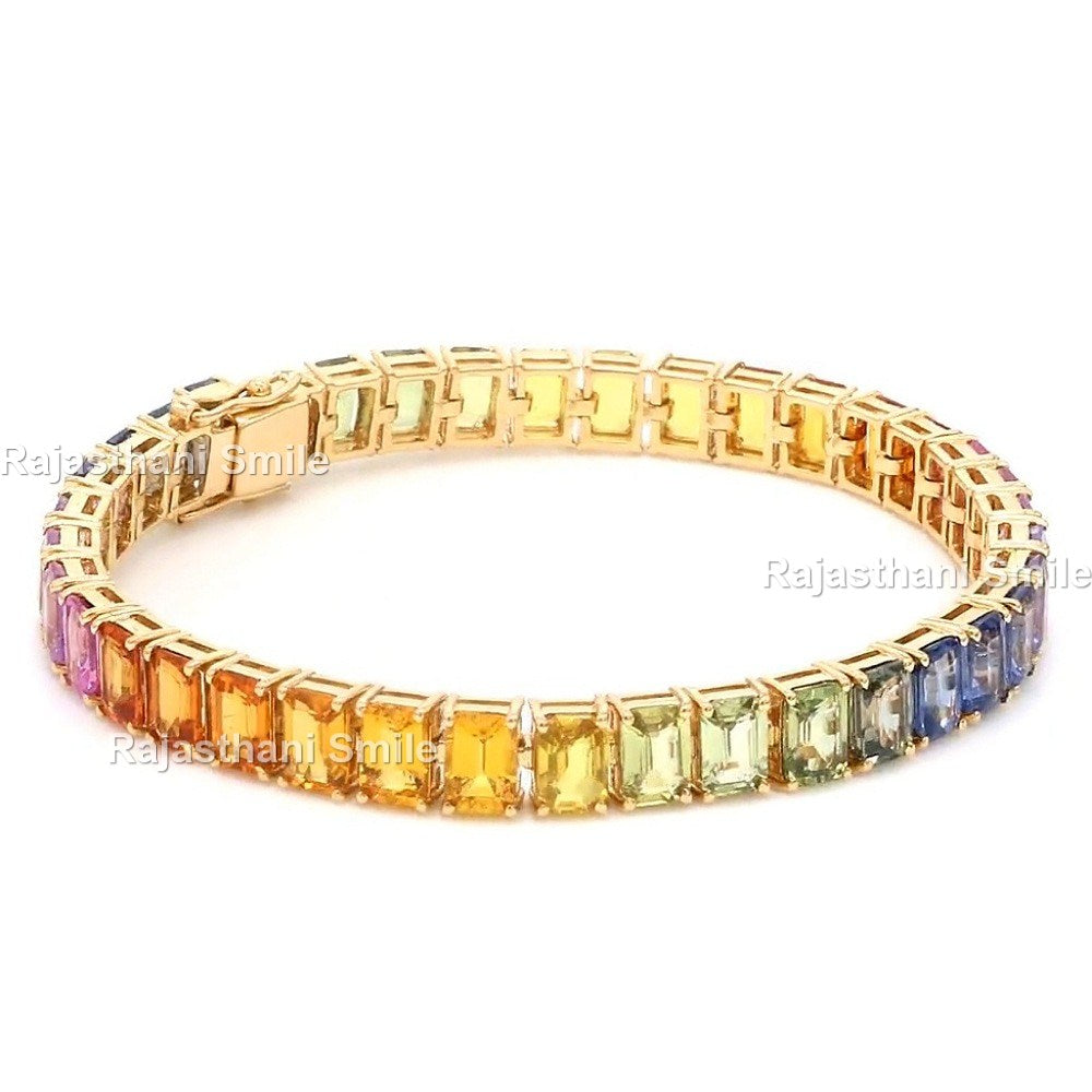 Natural Rainbow Sapphire 14K Solid Rose Gold Tennis Bracelet Emerald Cut Gemstones 5 x 3 mm