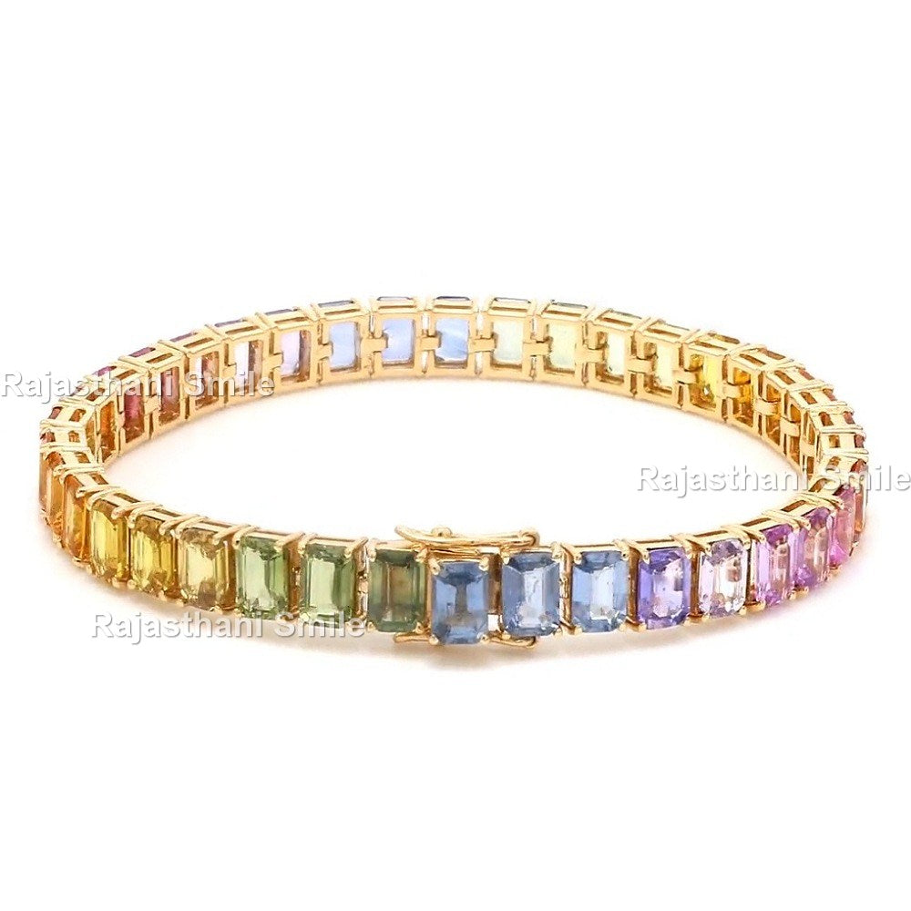 Natural Rainbow Sapphire 14K Solid Rose Gold Tennis Bracelet Emerald Cut Gemstones 5 x 3 mm