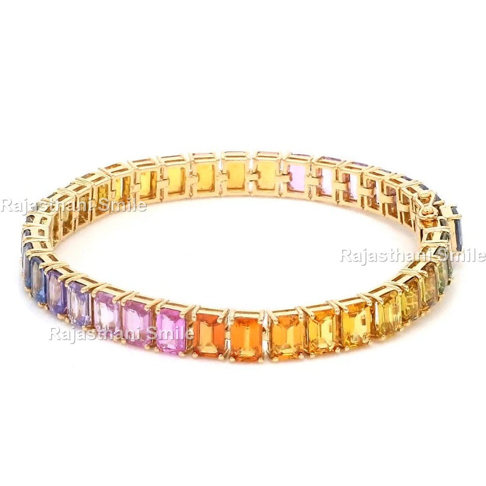 Natural Rainbow Sapphire 14K Solid Rose Gold Tennis Bracelet Emerald Cut Gemstones 5 x 3 mm