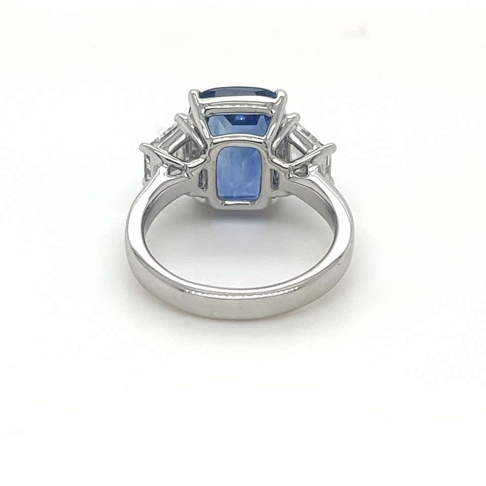 Natural Ceylon Blue Sapphire & Diamonds 14K Solid White Gold Three Stone Ring