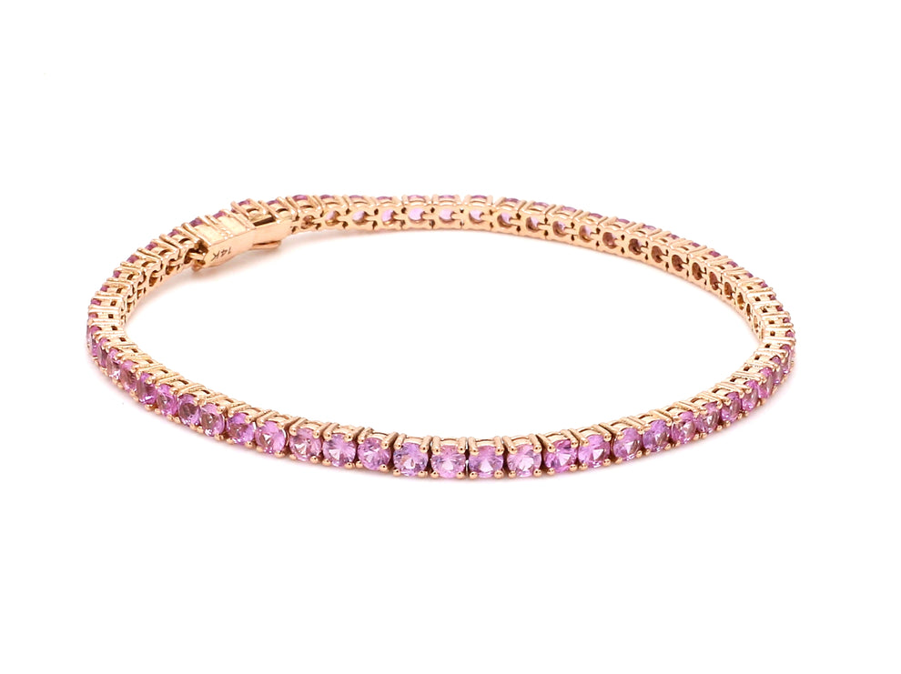 Natural Pink Sapphire 14K Solid Rose Gold Tennis Bracelet Round Cut Gemstones 2.5 MM Size