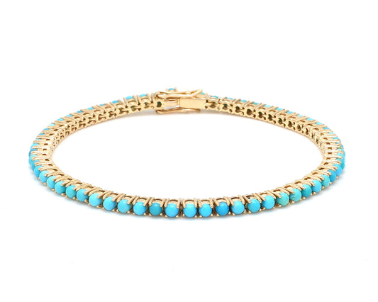 Natural Turquoise 14K Solid Yellow Gold Tennis Bracelet Round Gemstones 2.5 MM Size