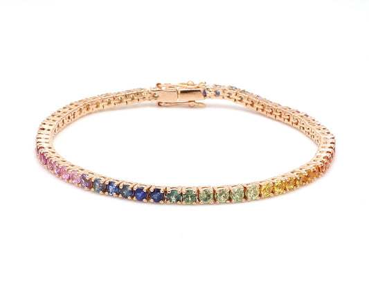 Natural Rainbow Sapphire 14K Solid Rose Gold Tennis Bracelet Round Cut Gemstones 2.5 MM Size